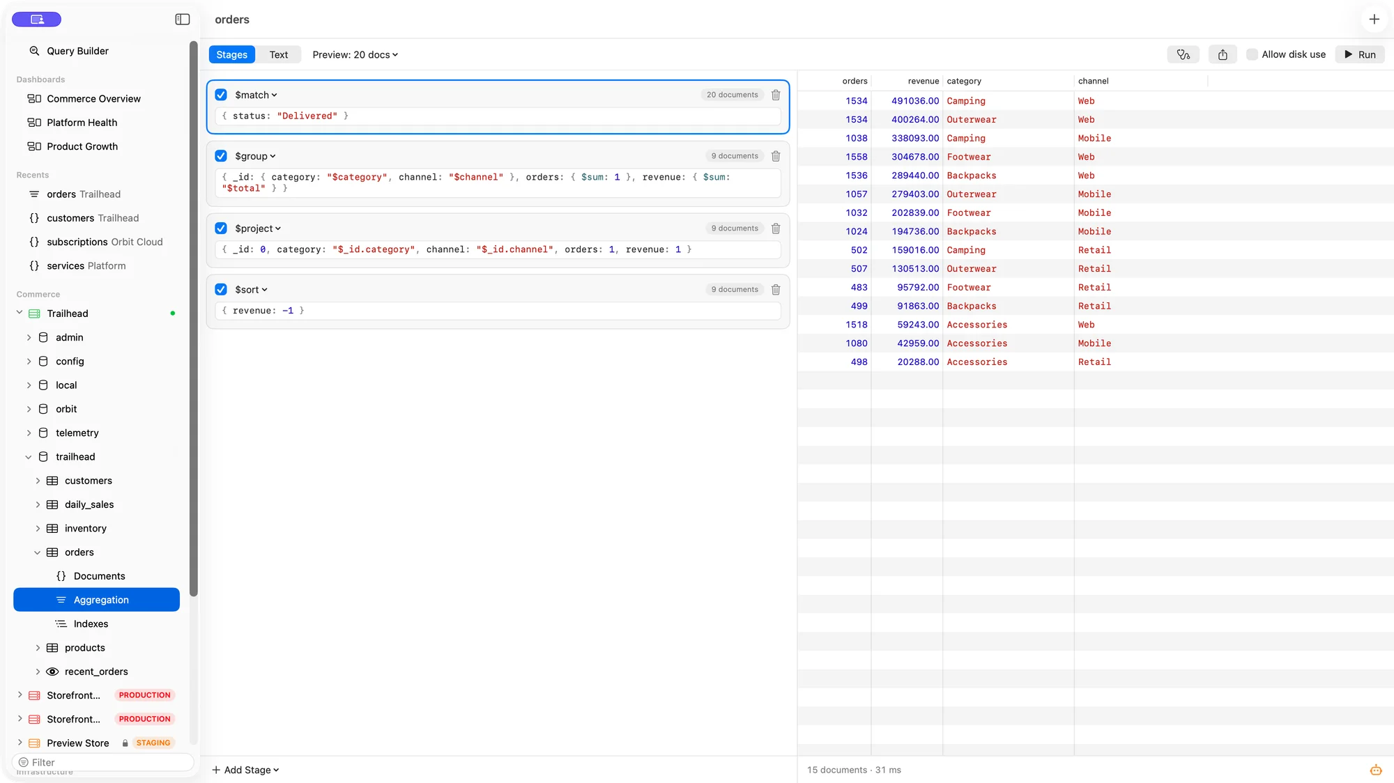 Bison’s aggregation builder with four stages, previews, and category revenue results.