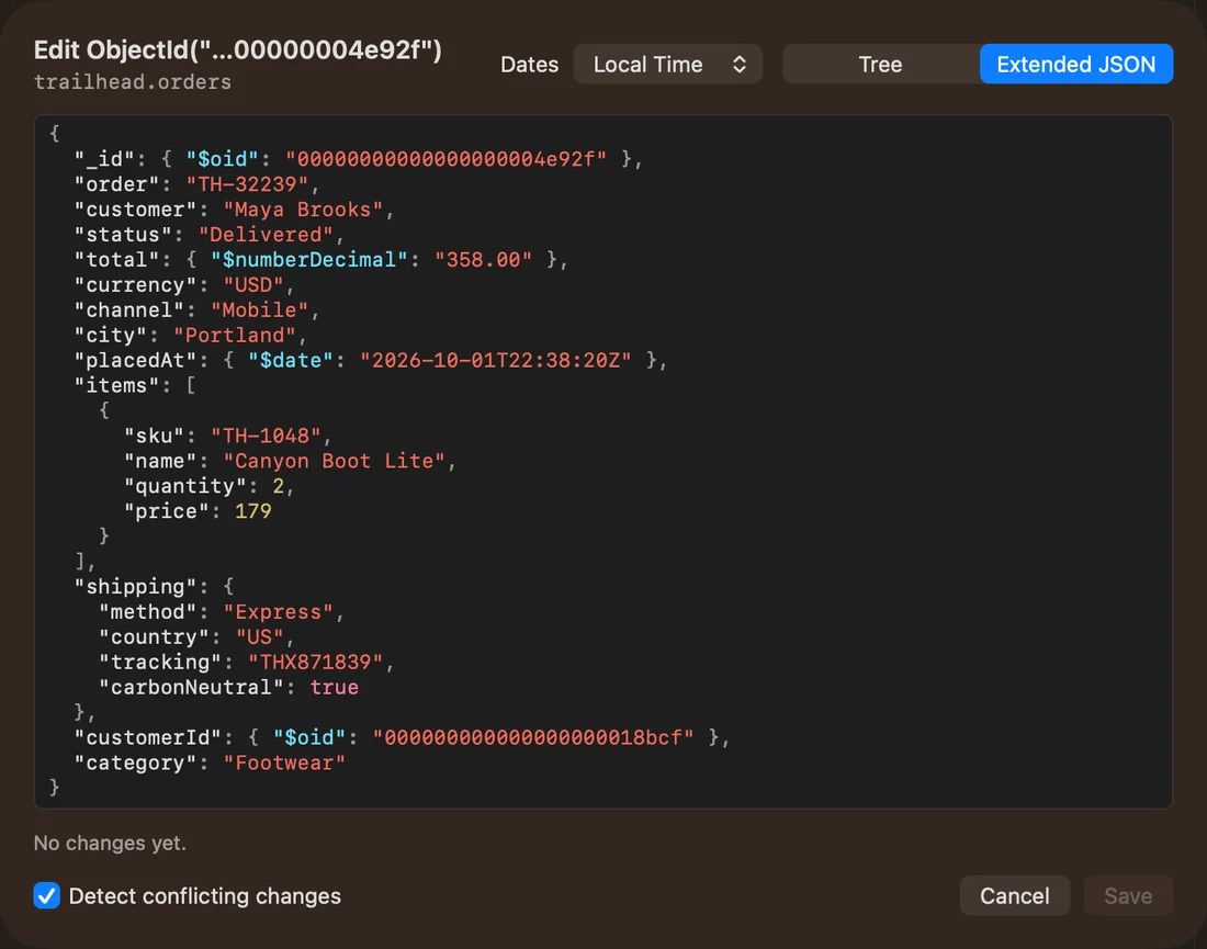 Bison’s Extended JSON editor in dark mode, showing the same sample Trailhead order.