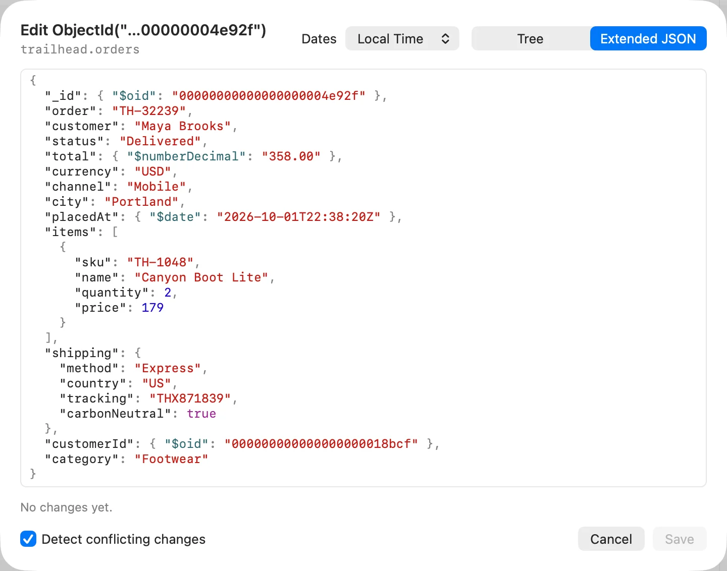 Bison’s Extended JSON editor with an order containing ObjectId, Decimal128, date, and nested shipping values.